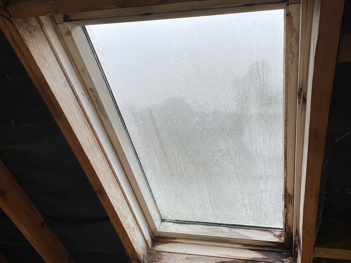 Roof window before replacement: misted double glazing and water-damaged timber trims