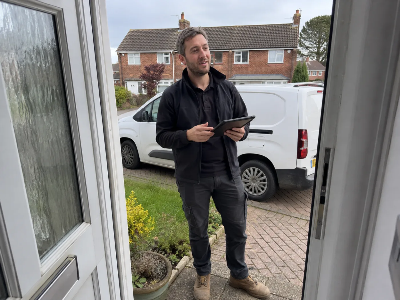 Loft surveyor at a customer's front door with a tablet, work van parked on the drive behind