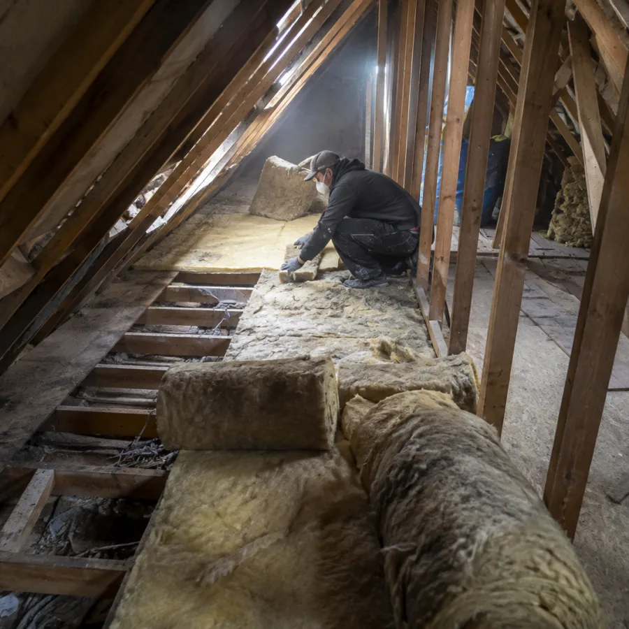 Close-up of mineral wool rolls laid between loft joists