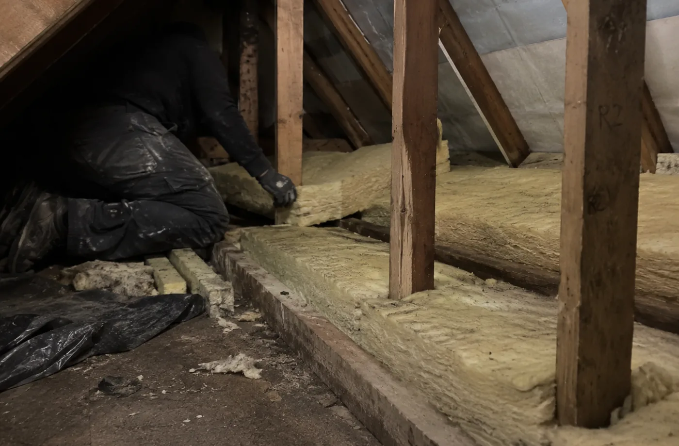 Mineral wool insulation laid between loft joists