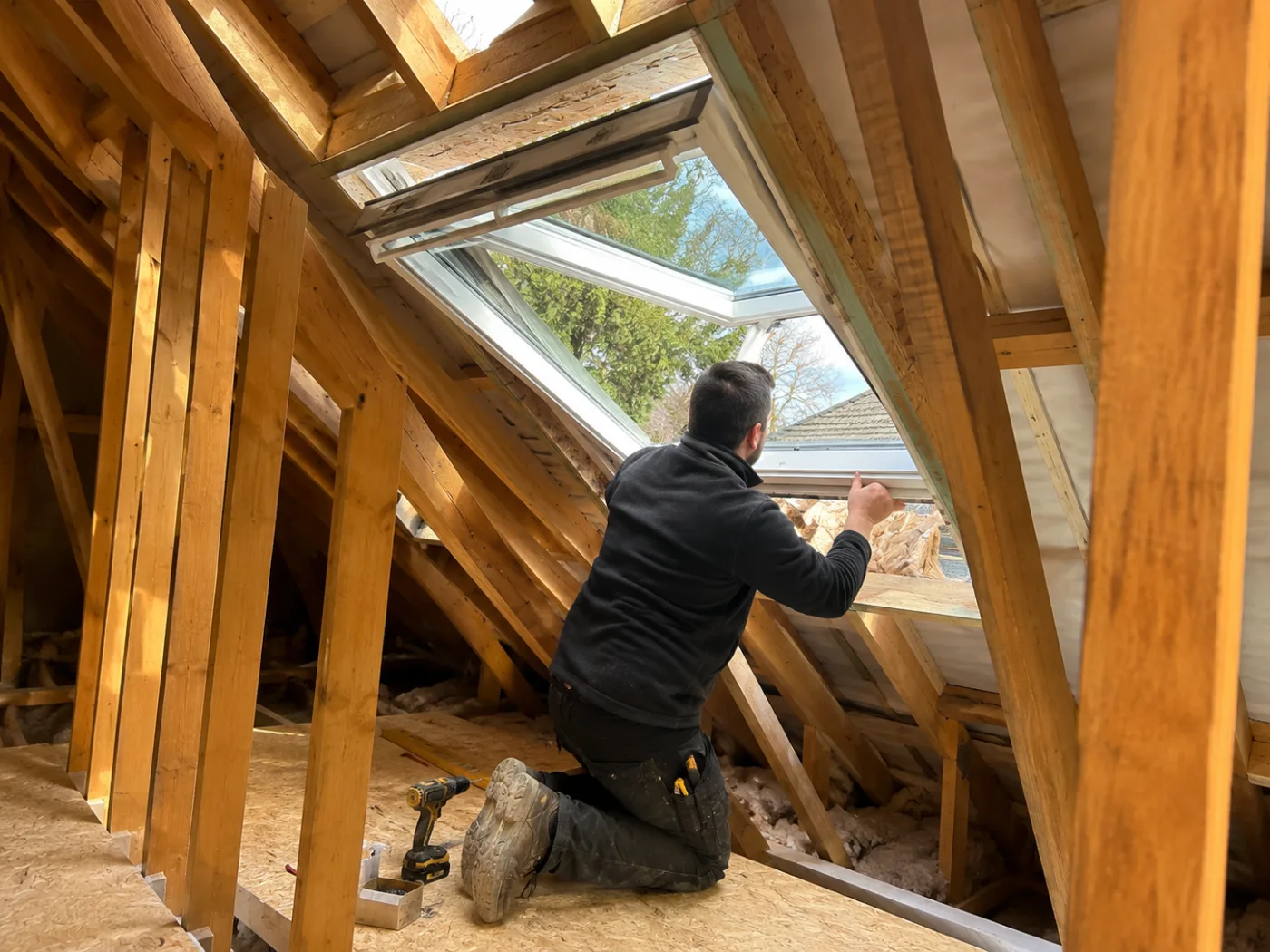 Roof window being fitted into the rafters from inside the loft